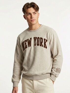 New York Popular Crewneck Sweatshirt NYC Applique Cotton Blend Oatmeal Brown XL